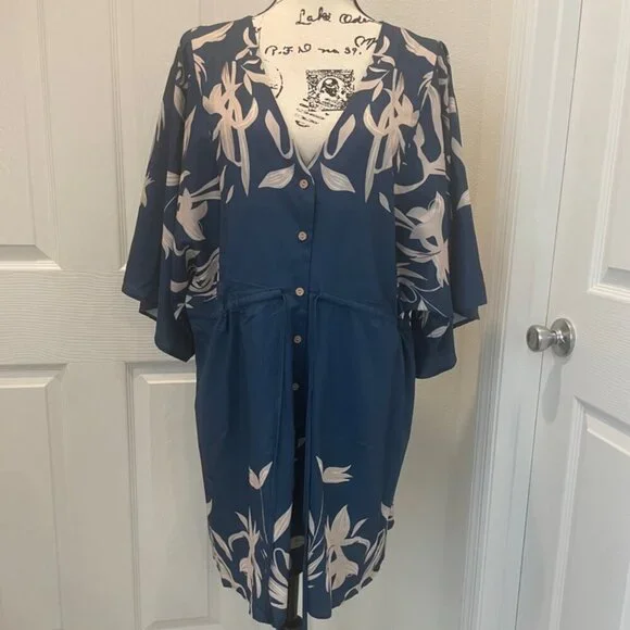 CUPSHE DRESS OVERSIZED SZ M FLARED SLEEVES NAVY BLUE TAN BEACHY CHIC SUMMER - Picture 5 of 16